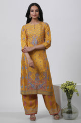 Women's Yellow Paisley Glitter Printed Straight Shantung Kurta and Parallel Pants