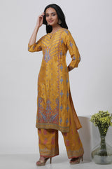 Women's Yellow Paisley Glitter Printed Straight Shantung Kurta and Parallel Pants