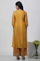 Women's Yellow Paisley Glitter Printed Straight Shantung Kurta and Parallel Pants