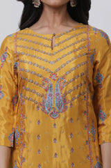 Women's Yellow Paisley Glitter Printed Straight Shantung Kurta and Parallel Pants