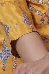 Women's Yellow Paisley Glitter Printed Straight Shantung Kurta and Parallel Pants
