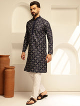 Men's Navy Cotton Silk Thread Embroidered Long Kurta with Golden Accents