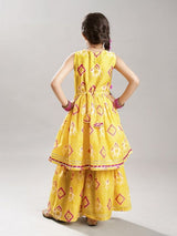 Girls Yellow Ethnic Motifs Printed Anarkali Shape Kurta with Elasticated Waistband Sharara