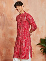 Men's Red Rayon Bandhani Printed Navratri Special Kurta