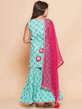 Girls Green Ethnic Printed Sleeveless Kurta and Sharara With Dupatta