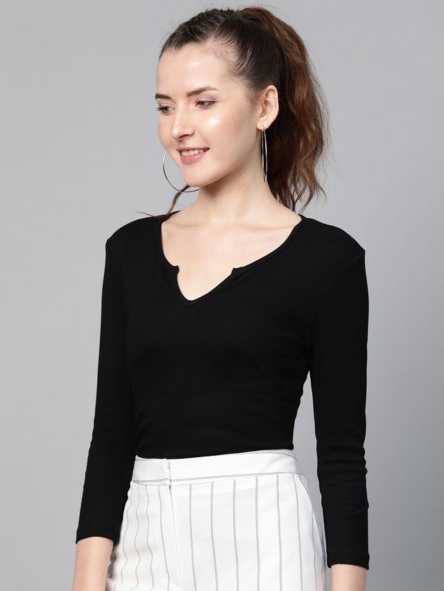 Women's Black Rib V-Neck T-Shirt