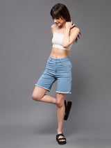 Women's Light Blue Regular High Rise Clean Look Above Knee Stretchable Denim Shorts