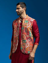 Men's Multicolor Crepe Printed Embroidered Sequinned Full Sleeves Nehru Jacket