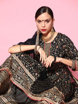Women's Navy Blue Floral Embroidered Regular Gotta Patti Pure Rayon Kurta with Sharara & with Dupatta