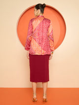Women's V Neck Knotted A-Line Midi Dress with Printed Blazer