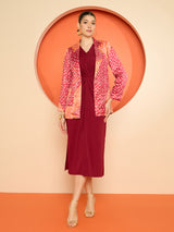Women's V Neck Knotted A-Line Midi Dress with Printed Blazer