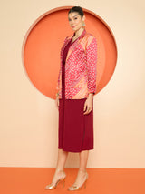 Women's V Neck Knotted A-Line Midi Dress with Printed Blazer
