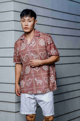 Unisex Brown Tribal Print Relaxed Fit Resort Cuban Collar Shirt