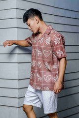 Unisex Brown Tribal Print Relaxed Fit Resort Cuban Collar Shirt