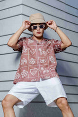 Unisex Brown Tribal Print Relaxed Fit Resort Cuban Collar Shirt