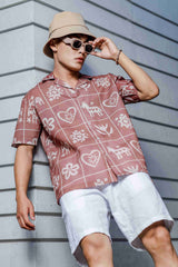Unisex Brown Tribal Print Relaxed Fit Resort Cuban Collar Shirt