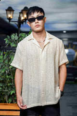 Unisex Relaxed Fit Patterned Cotton Crochet Textured Resort Shirt