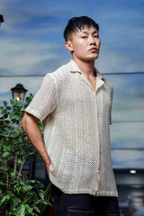 Unisex Relaxed Fit Patterned Cotton Crochet Textured Resort Shirt