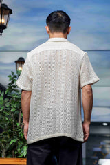 Unisex Relaxed Fit Patterned Cotton Crochet Textured Resort Shirt