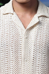 Unisex Relaxed Fit Patterned Cotton Crochet Textured Resort Shirt