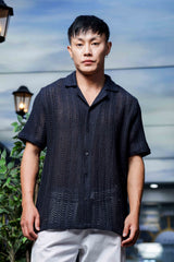 Unisex Relaxed Fit Patterned Cotton Crochet Textured Resort Shirt