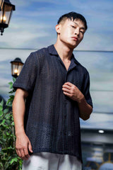 Unisex Relaxed Fit Patterned Cotton Crochet Textured Resort Shirt