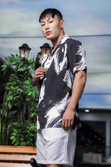 Unisex Black Abstract Print Relaxed Fit Patterned Resort Cuban Collar Shirt