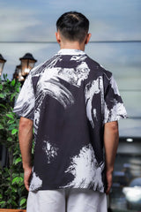 Unisex Black Abstract Print Relaxed Fit Patterned Resort Cuban Collar Shirt