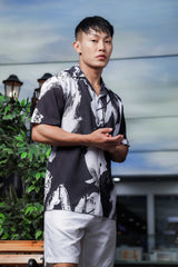 Unisex Black Abstract Print Relaxed Fit Patterned Resort Cuban Collar Shirt