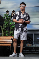 Unisex Black Abstract Print Relaxed Fit Patterned Resort Cuban Collar Shirt