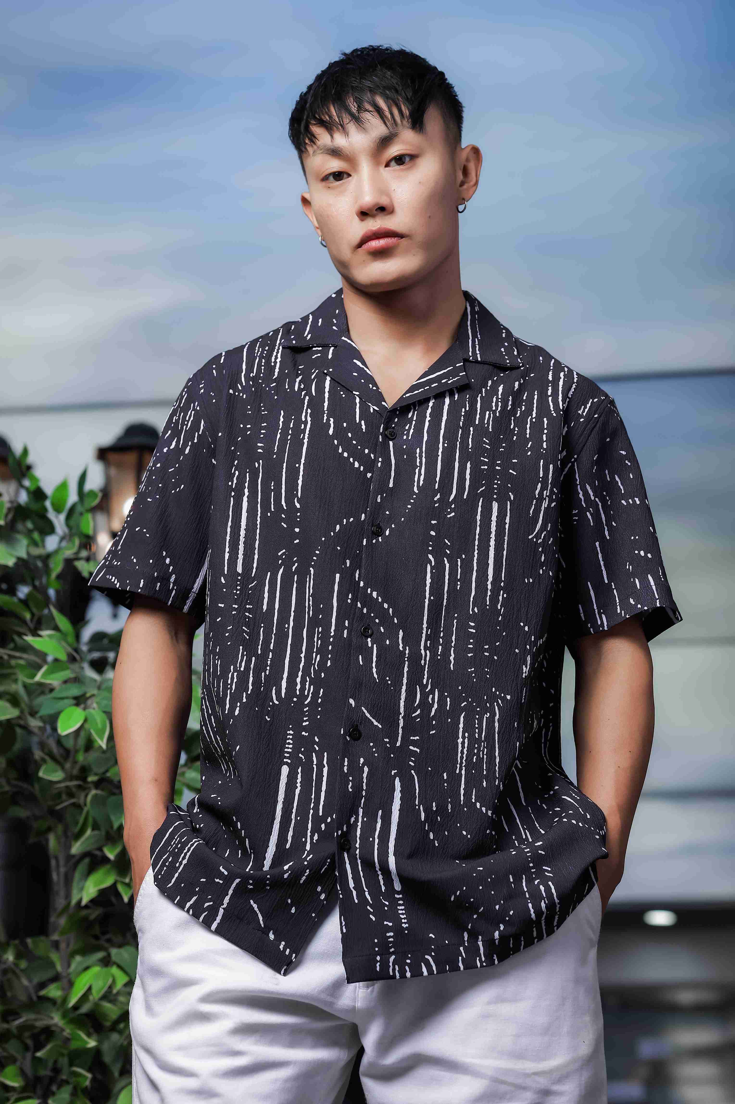 Unisex Black Techno Print Relaxed Fit Patterned Resort Cuban Collar Shirt