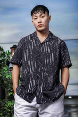 Unisex Black Techno Print Relaxed Fit Patterned Resort Cuban Collar Shirt