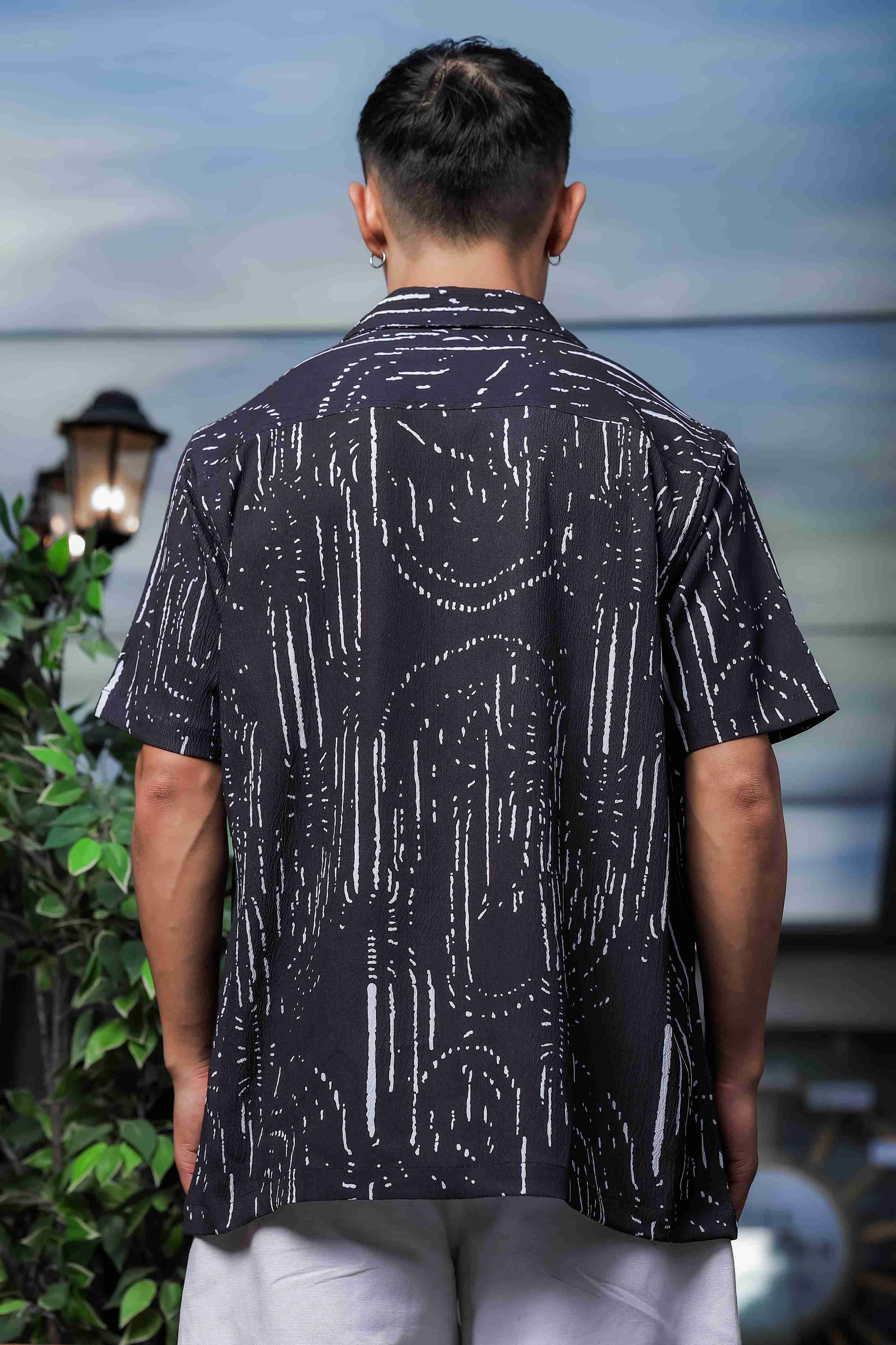 Unisex Black Techno Print Relaxed Fit Patterned Resort Cuban Collar Shirt