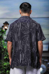 Unisex Black Techno Print Relaxed Fit Patterned Resort Cuban Collar Shirt