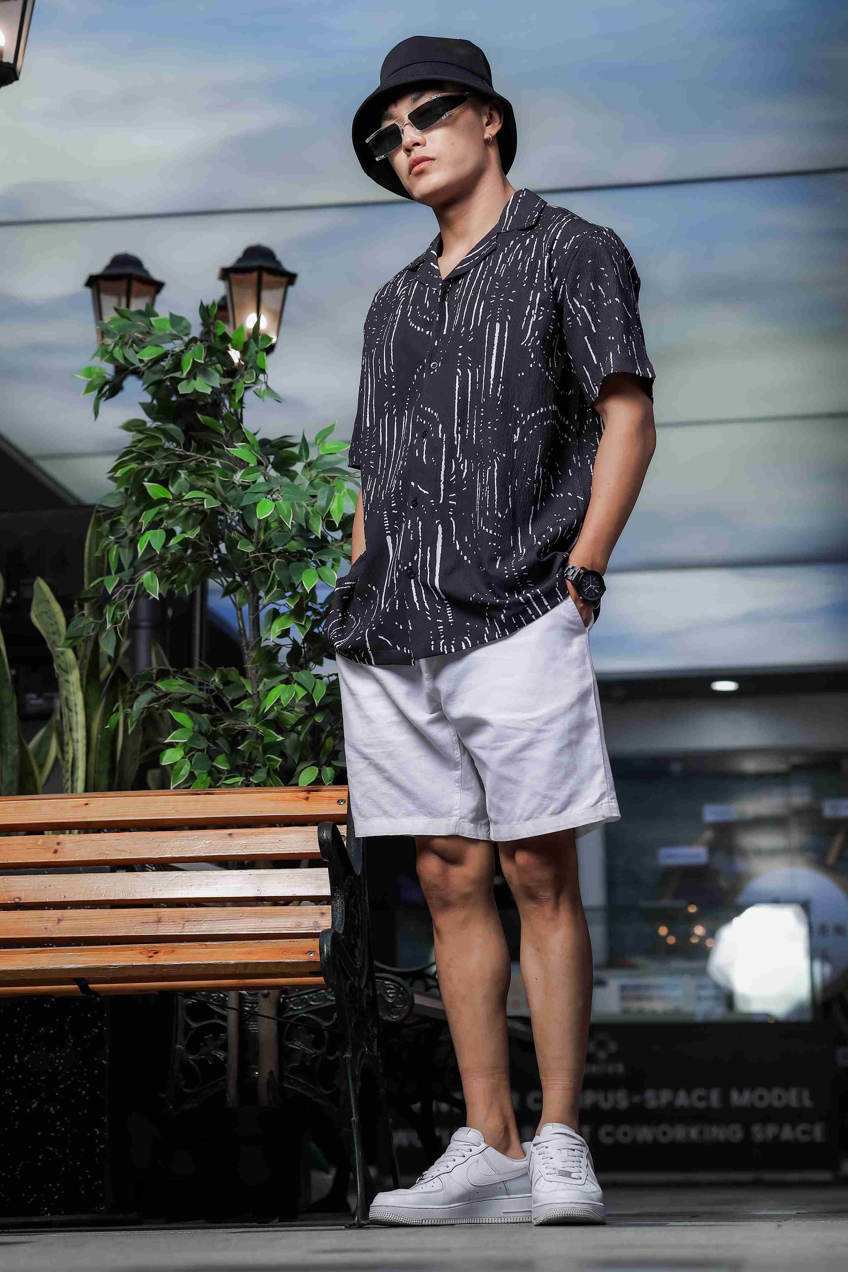 Unisex Black Techno Print Relaxed Fit Patterned Resort Cuban Collar Shirt