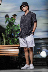 Unisex Black Techno Print Relaxed Fit Patterned Resort Cuban Collar Shirt