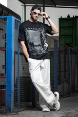 Unisex Black-Coloured Printed Pure Cotton Oversized Drop Shouldered Tshirt