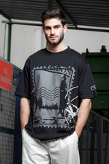 Unisex Black-Coloured Printed Pure Cotton Oversized Drop Shouldered Tshirt