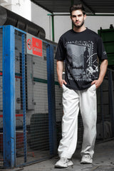 Unisex Black-Coloured Printed Pure Cotton Oversized Drop Shouldered Tshirt
