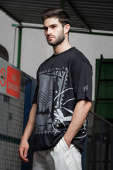 Unisex Black-Coloured Printed Pure Cotton Oversized Drop Shouldered Tshirt