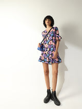 Women's Blue Woven Casual Printed Above Knee Half Sleeves Dress
