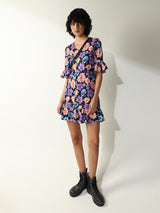 Women's Blue Woven Casual Printed Above Knee Half Sleeves Dress
