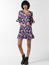Women's Blue Woven Casual Printed Above Knee Half Sleeves Dress