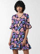 Women's Blue Woven Casual Printed Above Knee Half Sleeves Dress