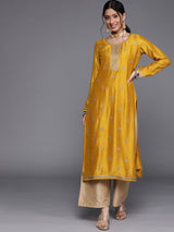 Women's Yellow Silk Blend Zari Dori Embroidered Yoke with Highlighted Sequins Work Straight Kurta