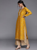 Women's Yellow Silk Blend Zari Dori Embroidered Yoke with Highlighted Sequins Work Straight Kurta