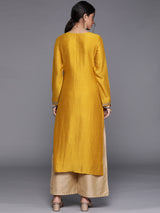 Women's Yellow Silk Blend Zari Dori Embroidered Yoke with Highlighted Sequins Work Straight Kurta