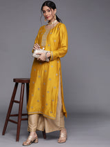 Women's Yellow Silk Blend Zari Dori Embroidered Yoke with Highlighted Sequins Work Straight Kurta