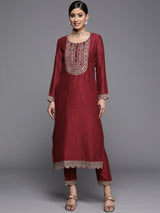 Women's Red Silk Blend Zari Dori Embroidered Straight Kurta