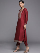 Women's Red Silk Blend Zari Dori Embroidered Straight Kurta
